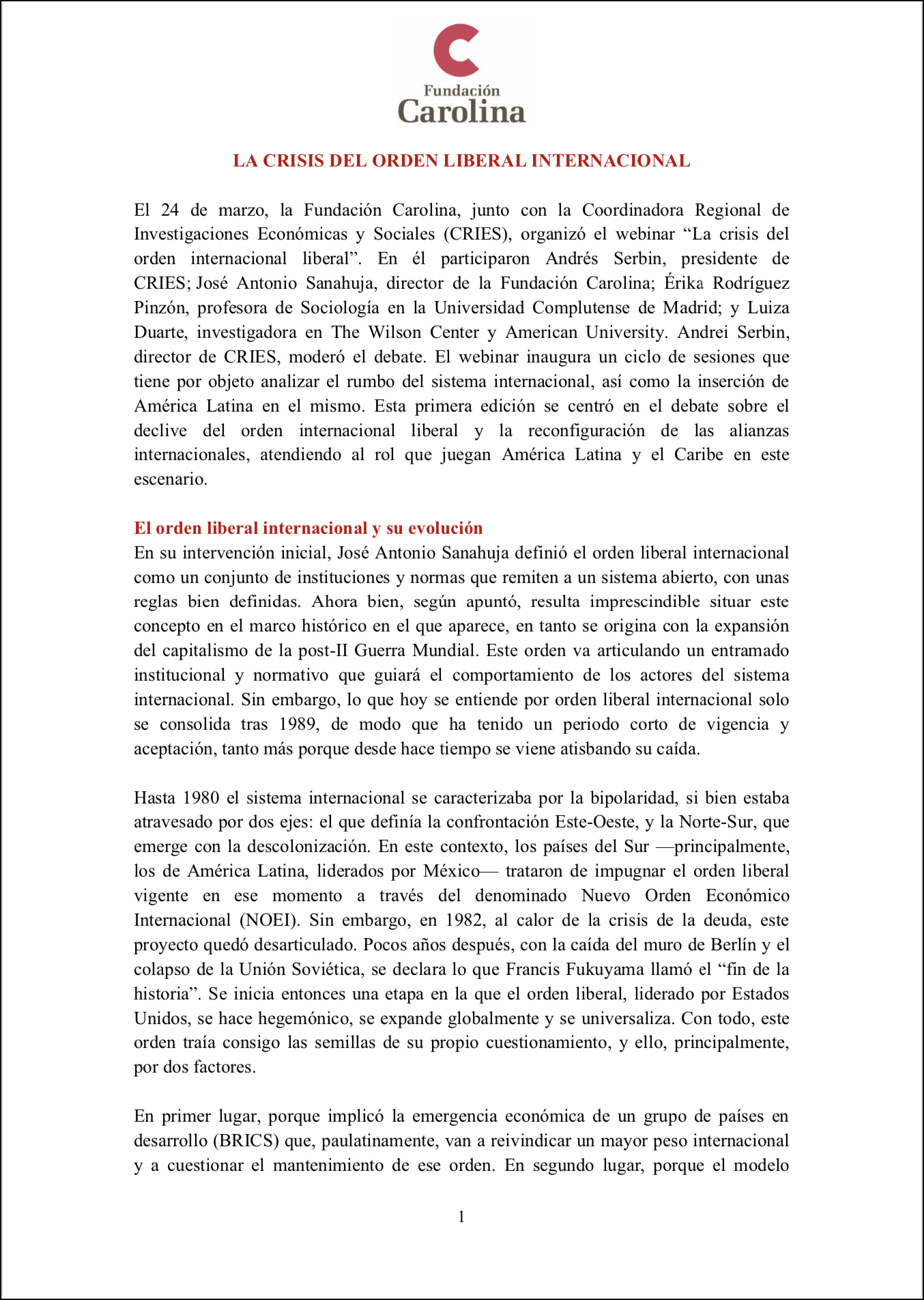 La crisis del orden liberal internacional - Fundación Carolina